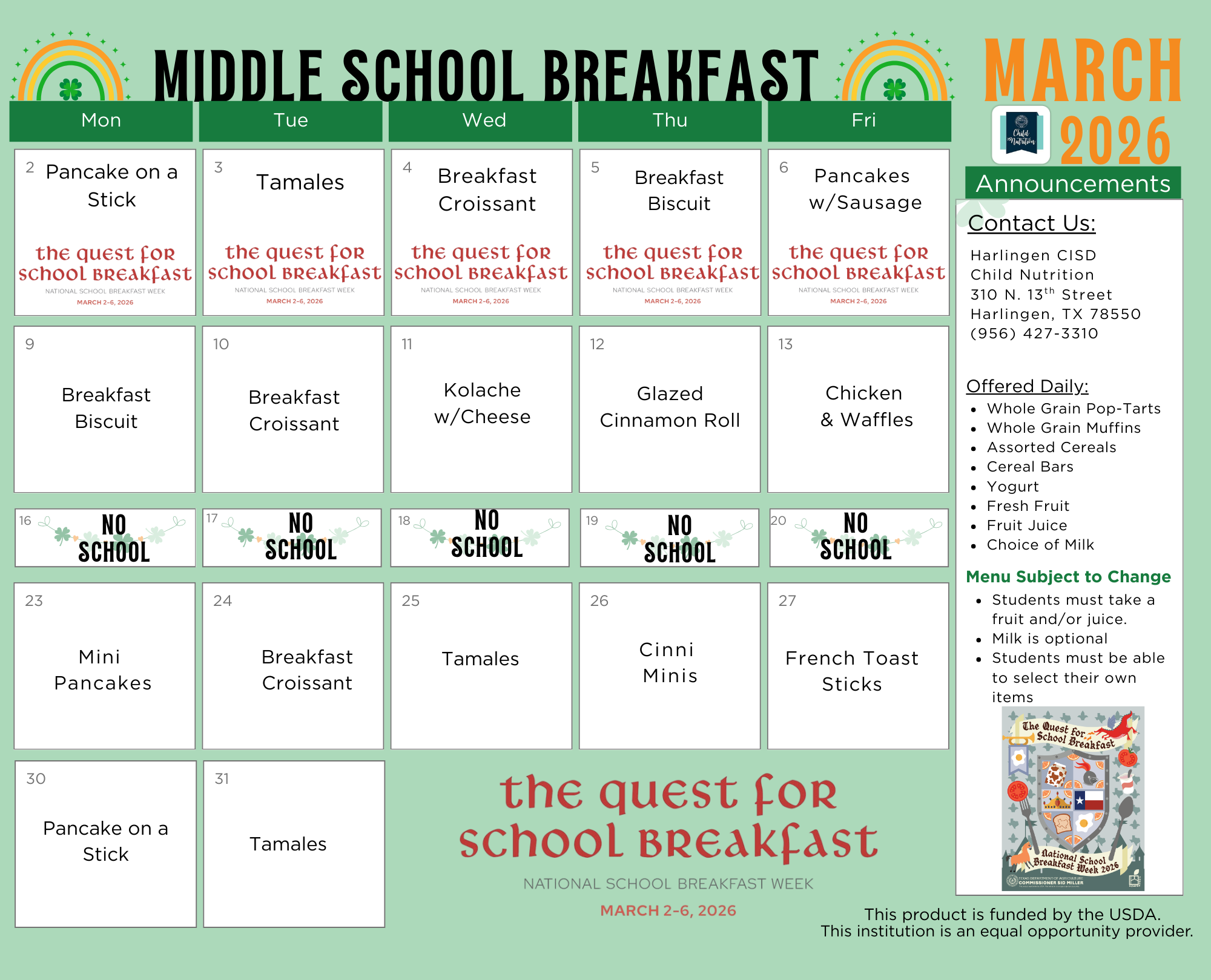 Middle School Updated Menu 12/9/25